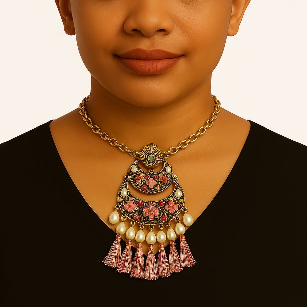 Gold Tassel Statement Necklace – Colorful Beads, Crystals & Stones - Vintage